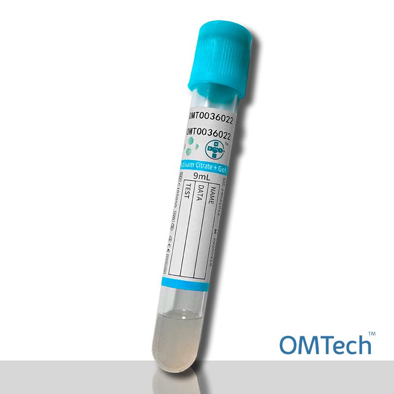 Пробірка Вакуумна для забору крові "OMTech", з цитрат натрію та гелем, стерильна, з блакитною кришкою, 9 мл, 16*125 мм RENJI MEDICAL